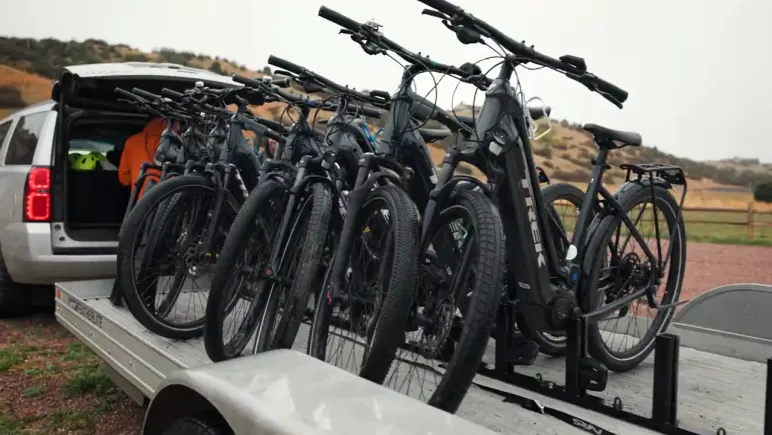 A rack of e-bikes at the Garden of the Gods trailhead