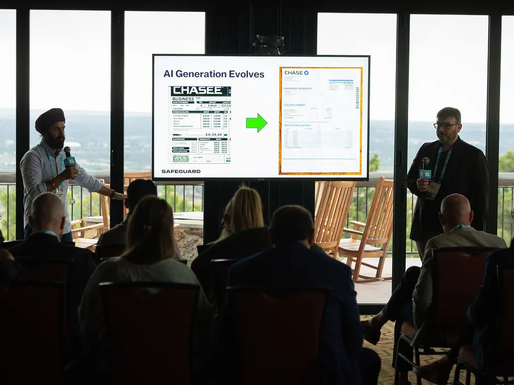Two facilitators running a Breakthru workshop on AI-generated document fraud